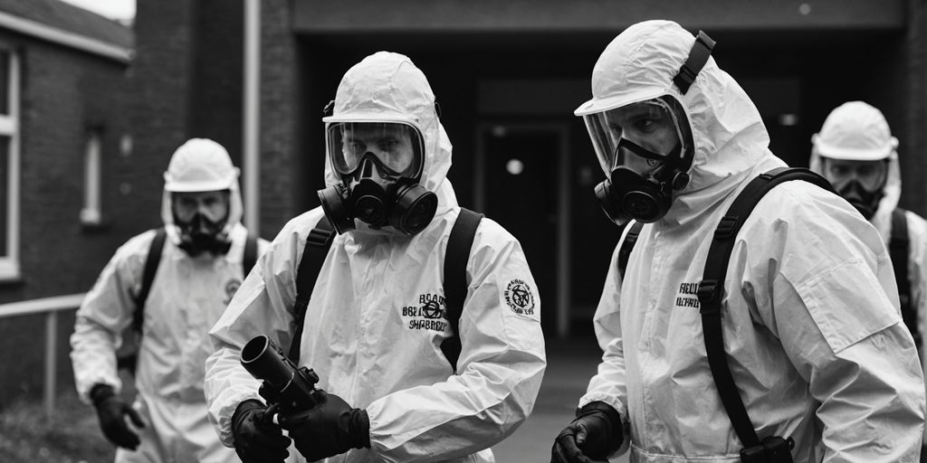 Biohazard team cleaning Whittington school in protective suits.