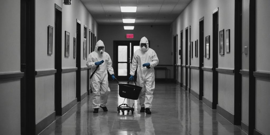 Biohazard cleanup team in school hallway, Forest Hills.